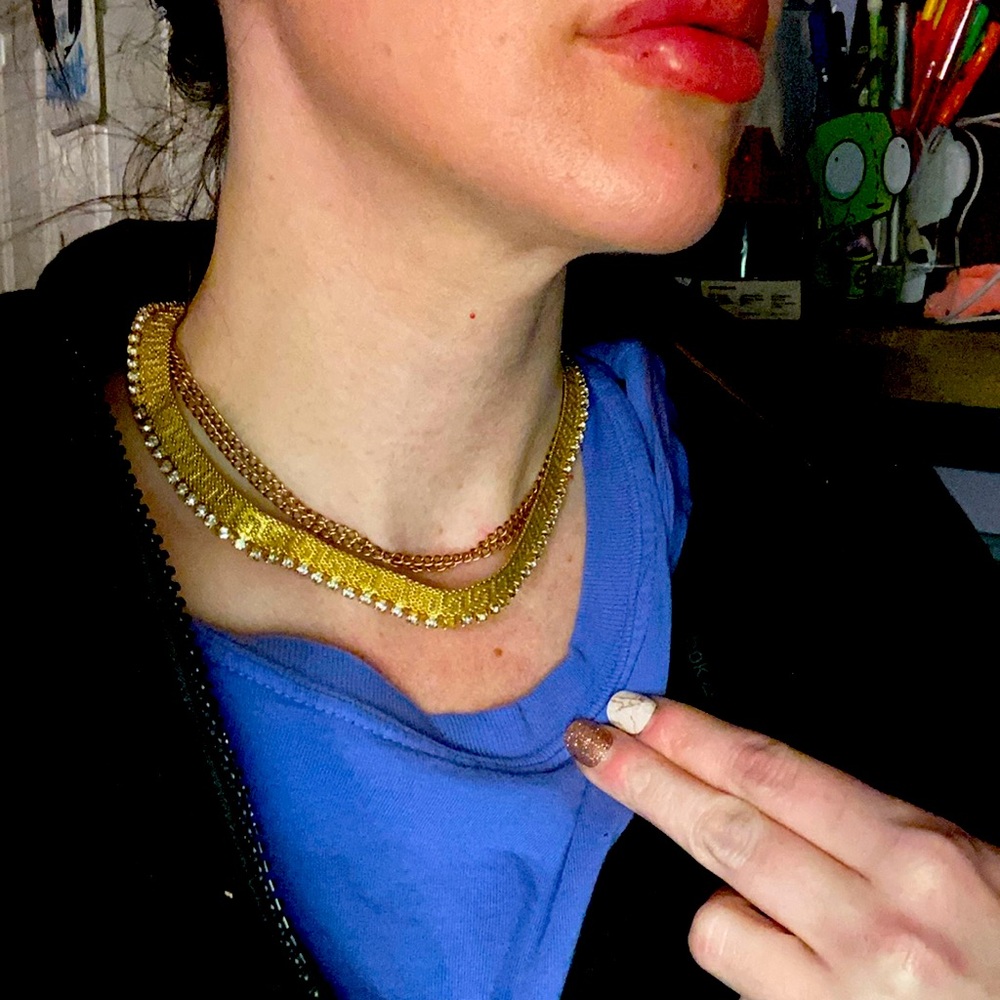 80’60s Vintage Retro Necklace Choker Gold Tone Patterned Crystal Rhinestones